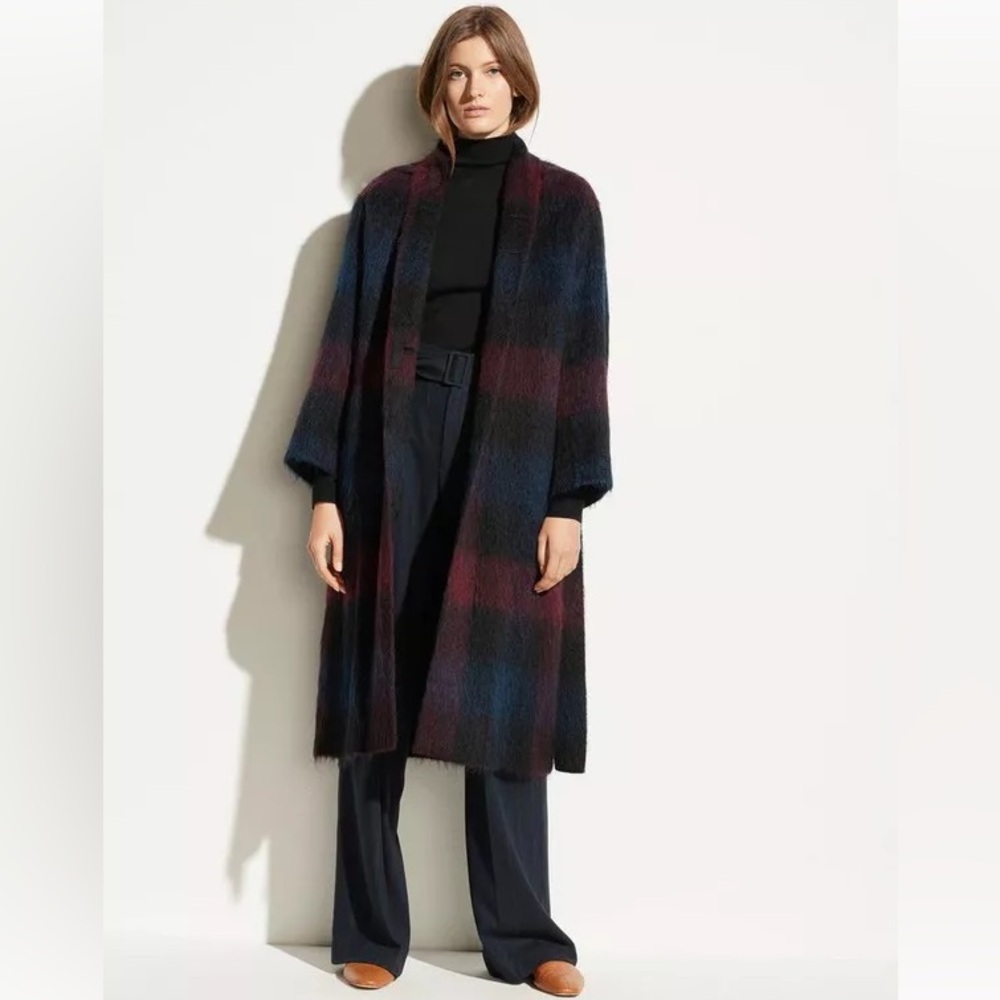 VINCE Brushed Plaid Long Coat